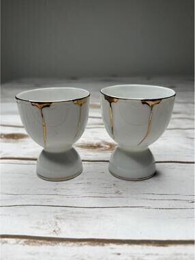 Vintage Gibson White Ceramic Egg Cups with Gold Trim - Set of 2